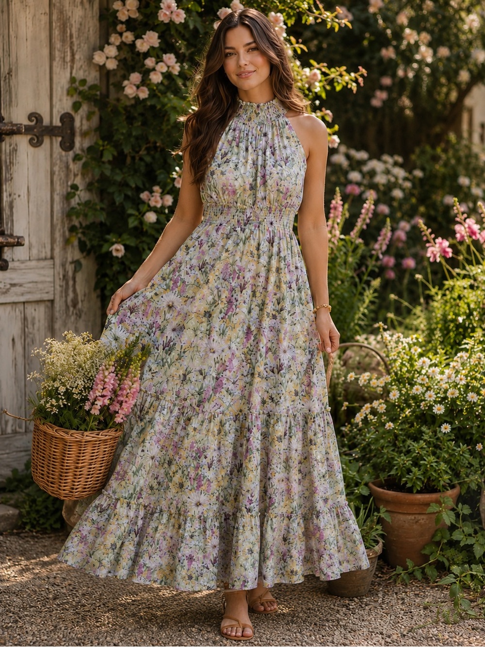 Taylor Floral Cottagecore Maxi Dress Smocked Waist Tiered Boho Romantic Size 10